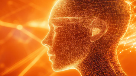 This striking image depicts a wireframe profile of a human head, set against a vibrant, abstract glowing background, symbolizing digital innovation and technology.の素材