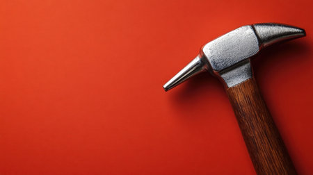 A close-up view of a hammer displaying a polished metal head and a wooden handle on a striking red background, symbolizing craftsmanship and creativity.の素材