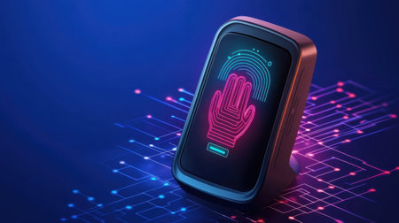 A modern touchscreen device featuring handprint recognition technology set against a vibrant digital backdrop. Perfect for themes of innovation and security.の素材
