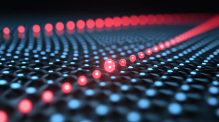 This image showcases an abstract view of particles in motion across a digital grid, symbolizing concepts of energy and innovation in modern science.の素材