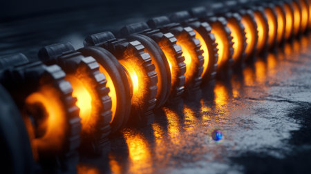 A striking close-up image showcasing a row of industrial gears illuminated with an orange glow. The dark background emphasizes the metallic surfaces, reflecting intricate details and textures, perfect for themes related to technology and engineering.の素材
