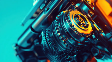 This striking close-up image showcases intricate mechanical engine components highlighted by a vibrant blue and orange color scheme, emphasizing technology and innovation.の素材