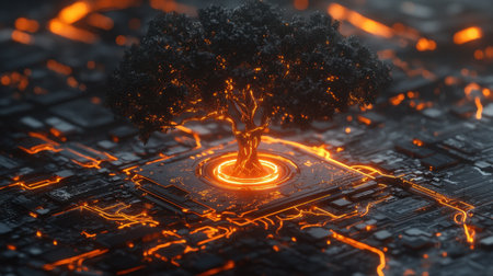 A captivating digital artwork featuring a tree emerging from a glowing circuit board, representing the harmony between nature and technology.の素材