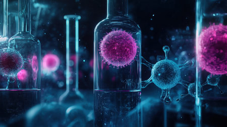 This visually striking abstract image features colorful molecular structures within glass labware, evoking the essence of scientific exploration and discovery.の素材