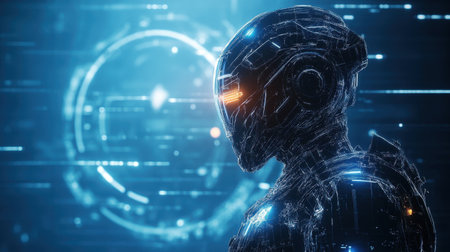 Dynamic and captivating illustration of a humanoid robot silhouette with vibrant glowing elements, set against a backdrop of flowing digital data streams, symbolizing the integration of technology and artificial intelligence.の素材