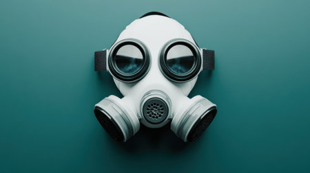 This image features a modern gas mask with thick lenses, set against a solid teal background. The mask symbolizes safety, protection, and emergency preparedness in various environments.の素材