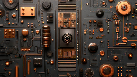 This captivating image showcases a detailed abstract background featuring metallic components with copper accents. Perfect for technology-related concepts and modern designs.の素材