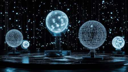 A captivating scene of glowing spheres against a starry backdrop, symbolizing digital connections and the future of technology in an artistic representation.の素材