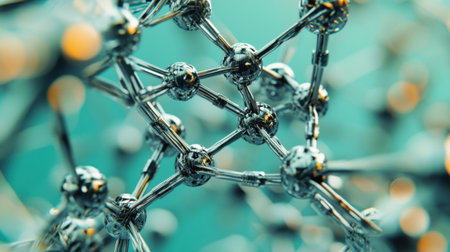 A captivating close-up of metallic molecules illustrating interconnected structures, showcasing advanced scientific concepts and innovation in a vibrant color palette.の素材
