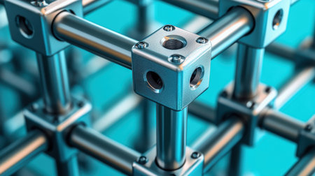 This close-up image showcases a metallic framework made of geometric shapes, highlighting the intricate details of construction and design on a luminous blue background.の素材