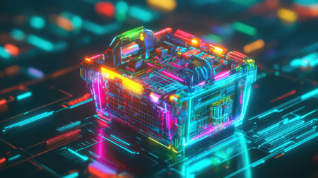 This striking piece of digital art showcases a vividly colored container illuminated by neon lights, set against a dynamic cyber landscape.の素材