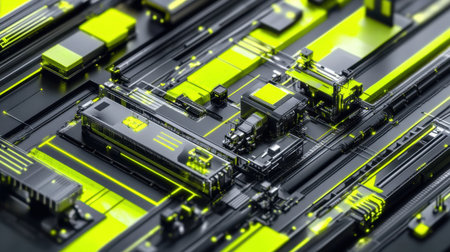 This abstract image features a striking futuristic design with a yellow and black color palette, representing a complex technological circuit board.の素材
