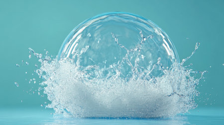 This captivating image showcases a water splash creating a perfect bubble against a bright aqua background, emphasizing motion and fluid elegance in nature.の素材