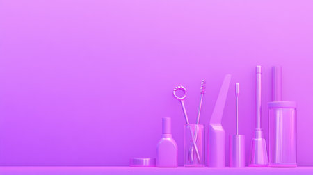 An artistic arrangement of various beauty tools set against a soft purple background, perfect for skincare, makeup, and wellness themes in creative projects.の素材