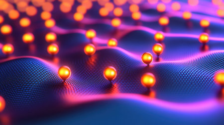 This stunning abstract image features glowing spheres arranged across a wavy surface, radiating vibrant purple and orange hues, ideal for art and designs.の素材