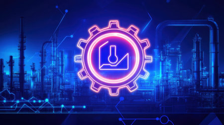 This image features a futuristic design showcasing a gear symbol in a neon blue environment, representing industrial technology and innovation.の素材