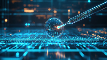 Discover a captivating futuristic scene featuring a syringe injecting into a glowing sphere on a high-tech grid. This image embodies innovation and scientific advancement.の素材