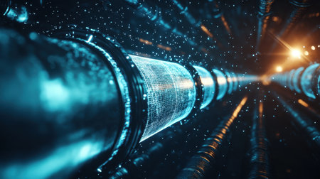 Discover a stunning visual representation of a futuristic tunnel formed with glowing pipes and particles, perfect for technology-themed projects and digital artwork.の素材