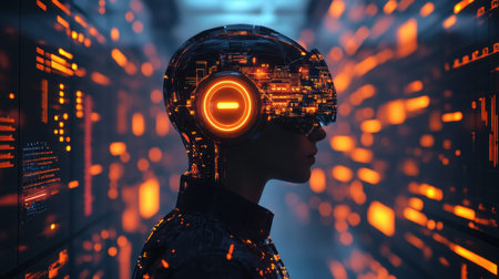 A striking depiction of a futuristic human-like figure surrounded by vibrant neon digital elements within a server room, highlighting advanced technology and innovation.の素材
