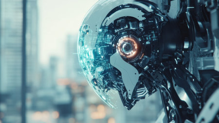 A detailed view of a futuristic robot's face showcasing advanced technology and artificial intelligence design, set against an urban backdrop. The intricate components reflect innovation and the merging of technology with daily life.の素材