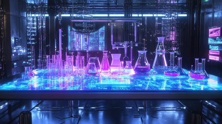 A vibrant laboratory scene with an array of glassware under neon lights showcases a modern approach to scientific research and experimentation.の素材