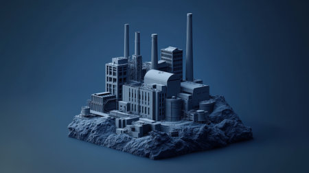 This detailed 3D model showcases an industrial complex with various factories and chimneys, emphasizing architecture and engineering in a dark setting.の素材