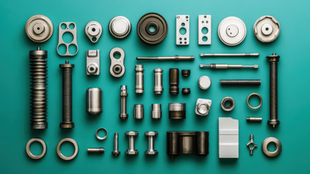 A vibrant arrangement of assorted metal components showcases the intricacies of industrial design and engineering. Perfect for showcasing manufacturing themes.の素材