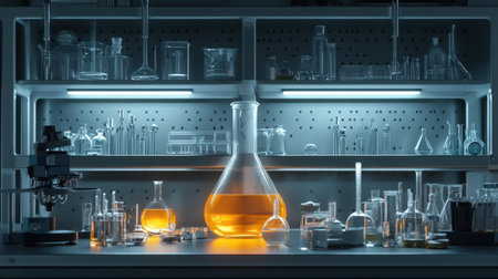 A well-equipped laboratory showcases various glassware and chemicals on shelves, with a microscope on the desk, illustrating a vibrant and innovative scientific environment.の素材
