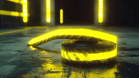 A striking image of yellow safety tape laid on a textured surface, illuminated by soft neon lights, showcasing modern industrial aesthetics.の素材