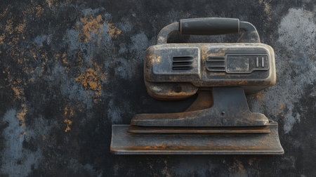 This image features an old, rusty electric sander resting on a weathered, textured surface, ideal for illustrating themes of repair, vintage tools, or industrial settings.の素材