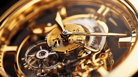 This stunning close-up image showcases an intricate mechanical watch with golden detailing, highlighting its gears and precise movement components, embodying luxury and craftsmanship.の素材