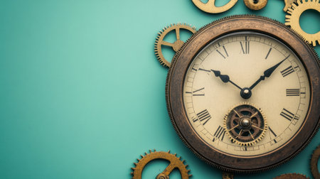 A vintage clock surrounded by intricate gears on a teal background, capturing the beauty of steampunk design and the essence of time and craftsmanship.の素材