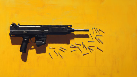 A striking still life featuring a black firearm laid against a vivid yellow background, accented by scattered bullets. This artwork highlights the themes of danger and modernity through bold color contrast and meticulous detail.の素材