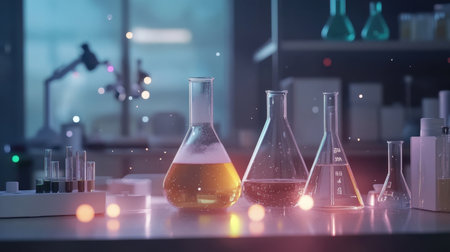 A captivating laboratory scene showcasing vibrant chemical reactions in glass vessels, surrounded by advanced scientific tools, illuminated with soft lighting.の素材