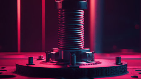 A striking close-up image of an industrial machinery component featuring a spiral spring, highlighted by vibrant neon lighting, showcasing intricate details.の素材