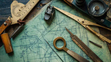 This image features vintage drafting tools and technical drawings laid out on a wooden surface, ideal for creative projects in design and engineering fields.の素材