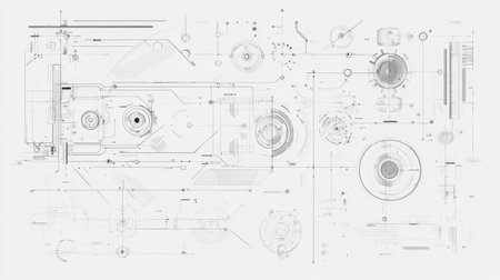 This abstract futuristic technology background features intricate lines, circles, and geometric shapes in shades of grey and white, creating a modern and sleek design ideal for tech-related projects.の素材