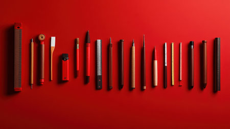 A striking flat lay image featuring an assortment of writing instruments arranged on a vibrant red background. Ideal for creative and artistic projects.の素材