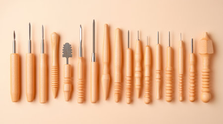 This image showcases a comprehensive collection of wooden crafting tools arranged neatly on a soft background, ideal for various artistic and creative projects.の素材