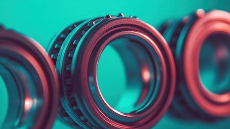 A close-up photo showcasing precision mechanical components with a vibrant background, emphasizing the details and quality of industrial design and technology.の素材
