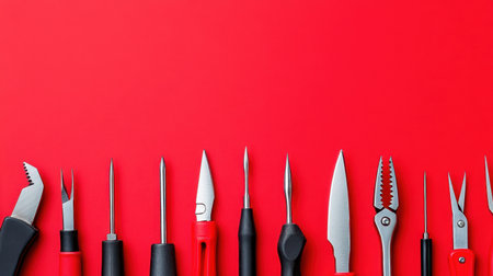 A vibrant collection of various hand tools displayed on a striking red background, perfect for showcasing DIY projects and craftsmanship in any creative endeavor.の素材