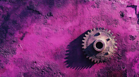This striking image features a single gear against a vivid purple background, creating a unique contrast that enhances any artistic or industrial theme.の素材
