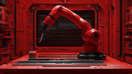 This stock image features a striking red robotic arm set in a cutting-edge industrial environment, showcasing advanced technology and precision capabilities.の素材