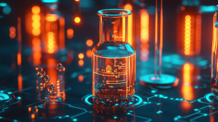 An artistic representation of glowing laboratory glassware set against a futuristic digital backdrop, showcasing vibrant blue and orange tones for science and innovation.の素材