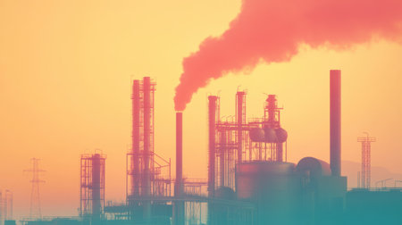 Captivating view of an industrial factory silhouetted against a vibrant sunset. Emissions from smokestacks create a dramatic scene, highlighting environmental concerns.の素材