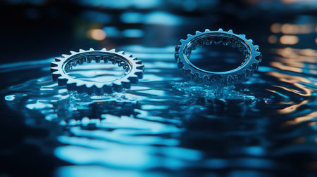 This striking image showcases two circular gear-like objects resting in water, creating mesmerizing ripples under soft blue lighting. Perfect for artistic and industrial themes.の素材