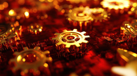 A close-up view of golden gears on a vibrant red surface, capturing the essence of technology and creativity in engineering and design.の素材