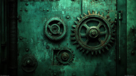 Captivating close-up of rusty gears and textured metal on an industrial backdrop in a rich green hue, conveying a sense of vintage machinery and engineering.の素材