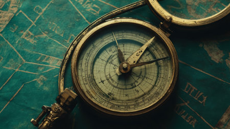 Close-up of a vintage brass compass resting on an antique map, representing exploration and navigation. Showcases intricate details and craftsmanship.の素材