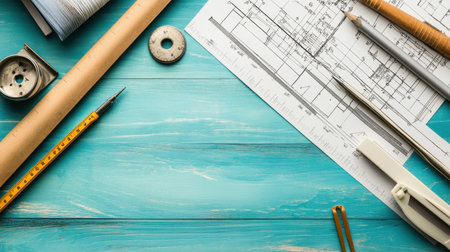 Close-up of drafting materials and architectural tools on a colorful wooden table, ideal for design and project planning in architecture and engineering fields.の素材